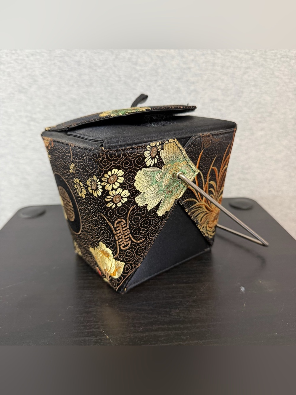 Vintage Yans NY Chinese Take Out Box Handbag w/ Handle Black Gold Floral Brocade